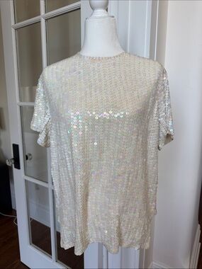 Vintage 100% Silk Iridescent Sequin Short Sleeve Top - Cream